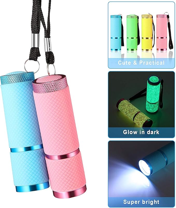 Mudder 8 Pieces Glow in Dark Flashlights Set, 9 LED Mini Flashlights Rubber Coated with Handle, LED Fluorescent Aluminum Portable Flashlight for Parties, Hiking, Camping, 4 Colors