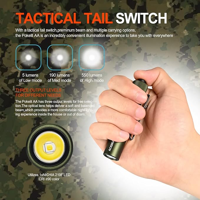 ACEBEAM Pokelit AA Rechargeable Mini Flashlight with Clip, 550 High Lumens Pocket EDC Flashlight, Super Bright Small Flashlight, 90+ High CRI Led Flashlight for Camping,Hiking,Everyday Use(Dark Green)