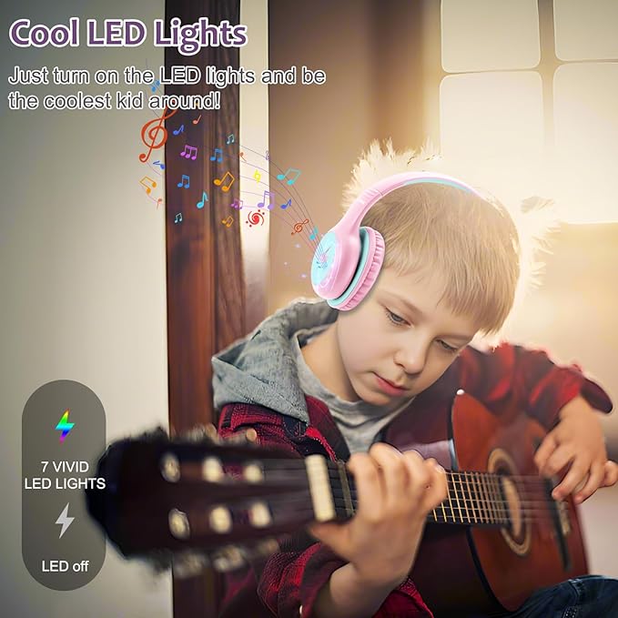 Kids Headphones Wired with Microphone, USB Type C Headphones for Kids Girls Boys with Cord/LED Lights/85/94dB Volume Limit, Portable Over Ear Headphones for School/Travel/Tablet/iPad