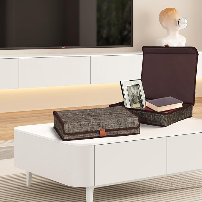 ORGMASTER Photo Storage Boxes with Lids, Memory Box for Keepsakes, Picture Organizer Versatile Linen Containers Basket Collapsible Bin for Organizing Home Office, 2 Pack, 14x10.8x2.5 Inch, Brown