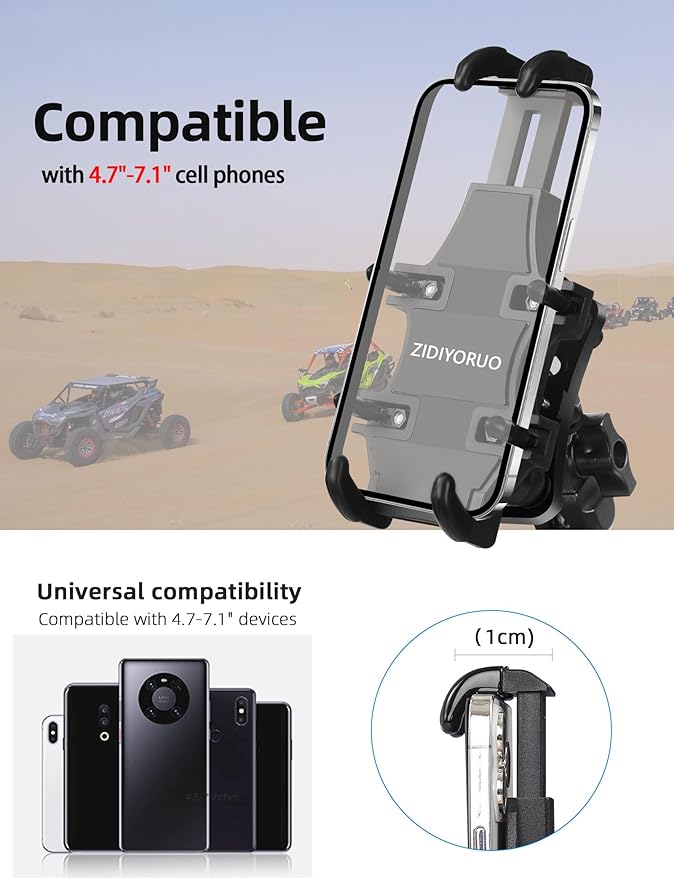 Anti-Vibration UTV Phone Mount Heavy Duty, Full Protection SXS Phone Holder with Aluminum Bracket Fit for 1.75-2" Roll Cage, Adjustable UTV Cell Phone Holder Holds 4.7-7.1" Phones