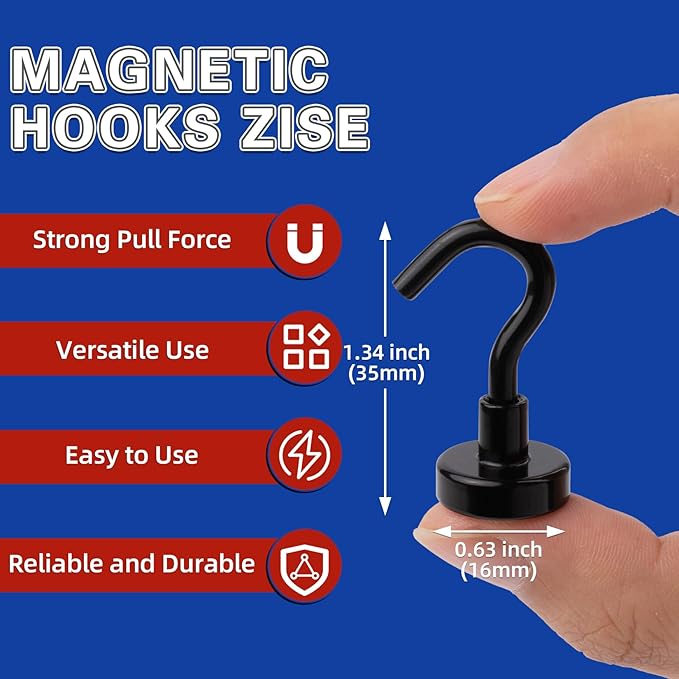 Junarter 20 Pack Magnetic Hooks, 30lbs Magnet Hooks for Cruise Cabins, Black Strong Magnetic Hooks Heavy Duty, Magnets with Hooks, Metal Magnetic Hook for Hanging, Hook Magnets for Home Decor