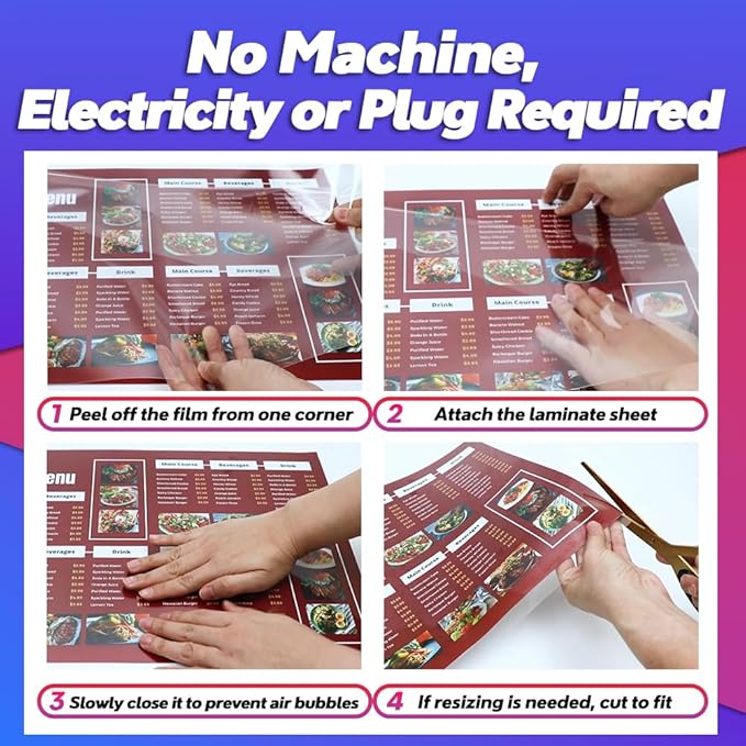 VIOLETTO Self Adhesive Laminating Sheets 12.3x17.1 inch, 20 Pack, 4mil Thickness, No-Machine Needed, QuickPeel, Instashield, Stick&GO (10 Sheets, Menu Size 4mil)