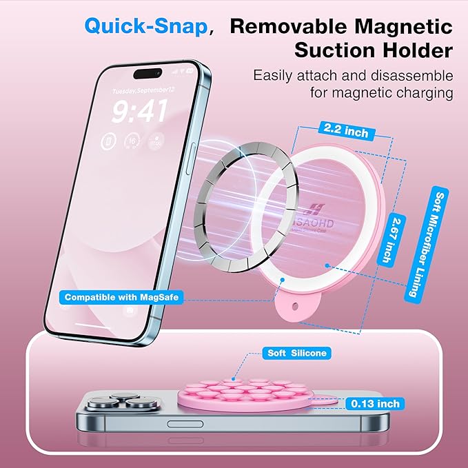 Magnetic Suction Cup Phone Mount with MagSafe, Silicone Hands-Free Grip Holder for iPhone Case and Android, Mirror Shower Phone Stand for Makeup FaceTime Gym Kitchen Bathroom, Pink