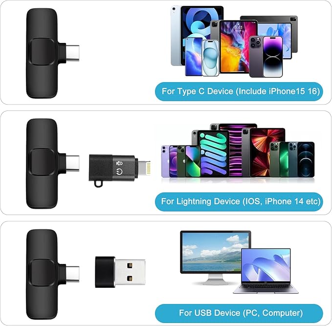 Wireless Microphone for iPhone 15 16，iPad, Android, Lavalier Microphone for Video Recording, Noise Reduction, Clip on Mini Mic for Tiktok, YouTube, Vlog, Podcast, ASMR