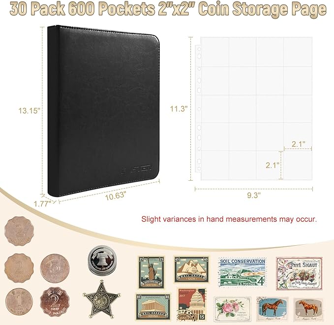BYSTER Coin Collection Book, 30 Pack 600 Pockets Coin Sleeves, Faux Leather Coin Collection Holder Album, Coin Collection Organizer Storage Box Case (Coin Flips Not Included), Black