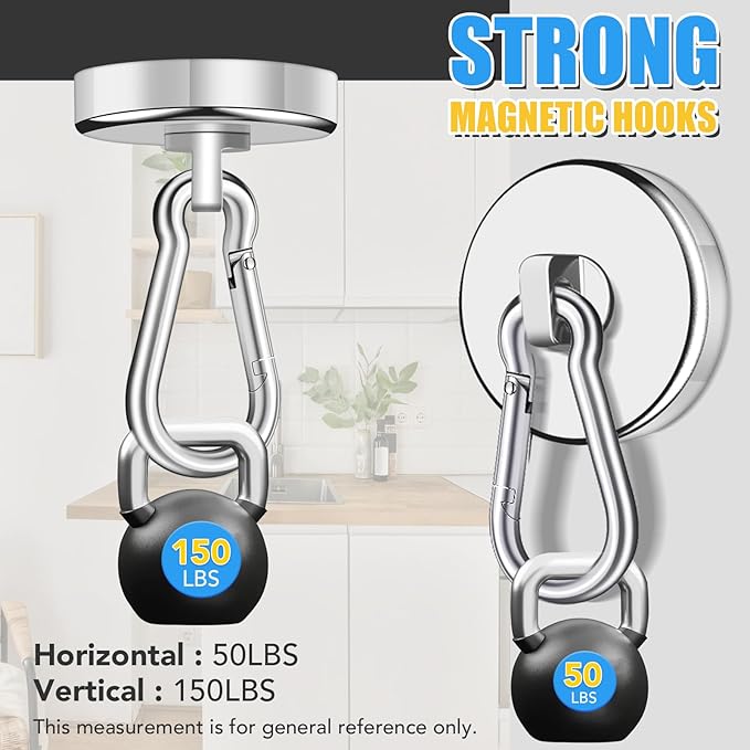 VSKIZ Magnetic Hooks Heavy Duty 150Lbs, 4 Pack Super Strong Magnetic Hooks with Swivel Carabiner for Cruise, Black Neodymium Magnet Hooks Magnetic Wall Hanger for Hanging, Toolbox, Grill, Cabins