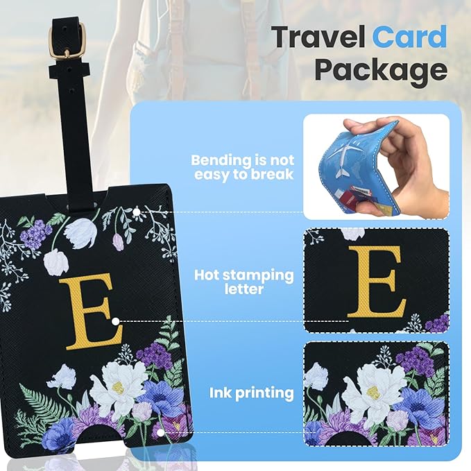 2 Pack PU Leahter Luggage Tags with PU Leather Straps, Fun Travel case Labels, Privacy-Protected ID Card Holders, Allowing for Quick Identification of Luggage and Easy locating of Your Bags (E)