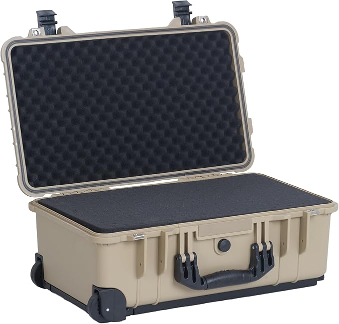 MEIJIA All Weather Rolling Waterproof Protective Case, Hard Camera Case,Dry Case with Retractable Pull Handle and Wheels,Foam Inserted, 22 x13.81x9inches (Desert Tan)