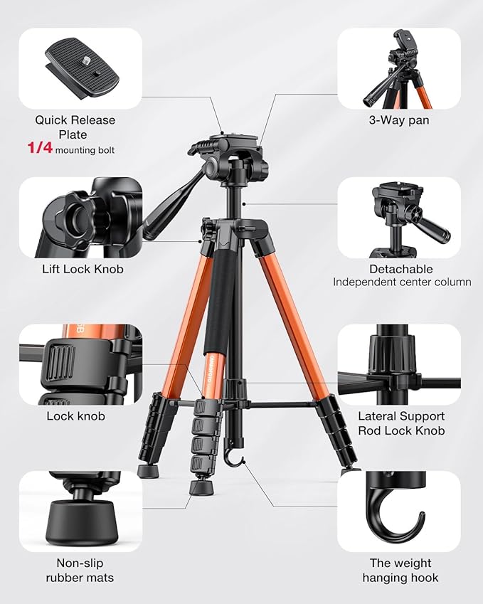 CAMBOFOTO 73" Camera Tripod and Monopod, Professional Aluminum Tripod Stand for Mirrorless Camera/DSLR/Cell Phone/Camcorder/GoPro, with Phone Holder and Travel Bag (Burnt Orange)