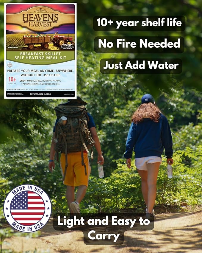 Heaven's Harvest Self-Heating Emergency Meal Kit (10 Year Shelf Life) — Tastier than MRE Meals & Ready-To-Eat in Minutes! Just add water to activate the “cooking” process. (Breakfast Skillet) (Single)