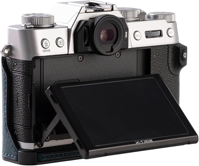 Handmade Genuine Leather Camera Half Case for FUJIFILM X-T30III /FUJIFILM X-T30III Camera Case/FUJIFILM X-T30III Case - Top Layer Cowhide Body + Metal Base Plate (Matte-Blue)