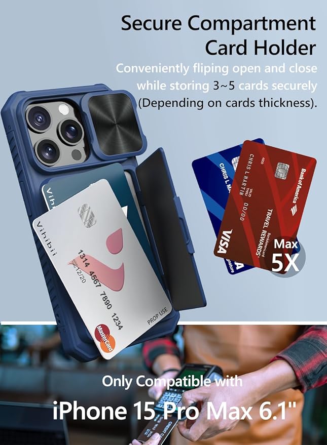 Vihibii for iPhone 15 Pro Wallet Case with Card Holder (4 Cards) & Slide Camera Lens Protective Cover & Kickstand, Heavy Duty Shockproof Rugged Durable Phone Case for iPhone 15 Pro 5G 6.1" 2023, Blue