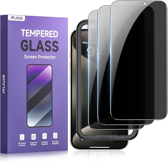 ruwa Privacy Screen Protector for iPhone 15/16 [6.1 Inch][3-Pack] Anti-Peep Tempered Glass Film with Easy Installation Frame, 9H Hardness, Scratch Resistant