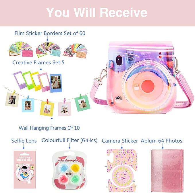 WOGOZAN Mini 11 Accessories for Fujifilm Instax Mini 11 Instant Camera Include Case, Color Filters, Photo Album, 2x3 Frames, Selfie Lens and Stickers (Transparent Pink) (No Camera)