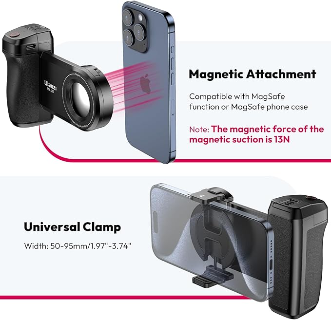 ULANZI Selfie Phone Tripod Mount MA35, 2-in-1 Magnetic & Phone Clip Camera Grip Handle Holder with Detachable Remote Shutter with Cold Shoe Adapter for iPhone 15 16 17 Samsung Video Shooting