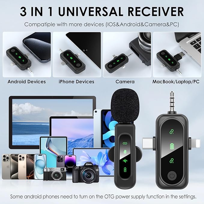 3 in 1 Wireless Lavalier Microphones for iPhone/Android/Camera Devices，2 Pack Magnetic Lavalier Mic ,Mini Microphone with Mute/Reverb/Noise Reduction for YouTube/Vlog/TikTok Podcast Content Creator