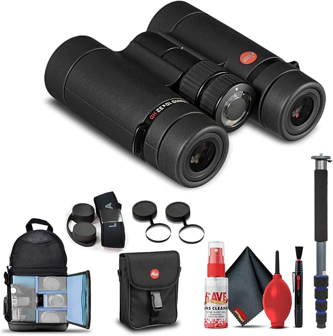 Leica 10x32 Ultravid HD-Plus Binoculars (40091) + Backpack + Full Size Monopod + Cleaning Set + 2 x Cap Keeper + Neck Strap