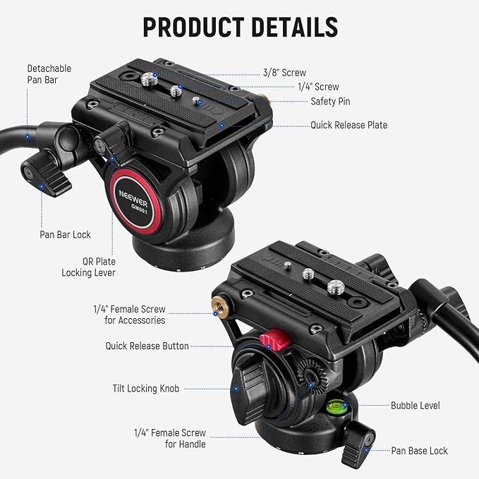 NEEWER Video Tripod Fluid Head with Quick Release Plate, Telescopic Handle & Panorama Scaled Base (⌀55mm), Max Load 13.2lb/6kg, Heavy Duty for DSLR Video Cameras, GM001