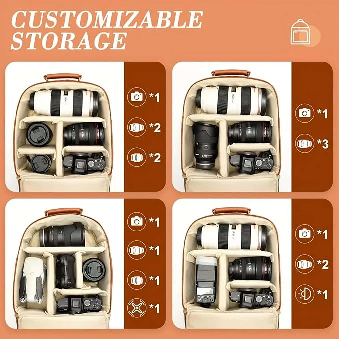 Small Camera Backpack, Classic PU Leather for DSLR, Professional Camera Bag for Photographers with 11 Inch Pad/Tablet Compartment, 10L Brown