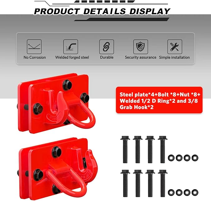2 Pack Tractor Bucket Hooks with Tie Down Ring, Grade 70 Forged Steel Bolt On Grab Hook Tow Hook Mount with Backer Plate, Work Well for Tractor Bucket, RV, UTV, Truck, Max 15,000 lbs Red