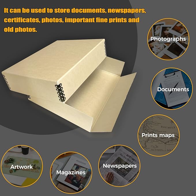 Golden State Art, Archival Storage Box, Acid-Free Drop Front Museum Box with Metal Edge for Storing Artwork Photos Documents Prints Arts And Crafts (Tan-9.75x12.75x 3 Inches)