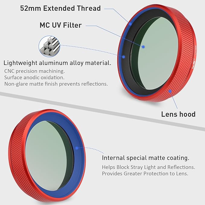 Haoge LUV-X54R Metal Lens Hood with MC UV Protection Multicoated Ultraviolet Lens Filter for Fujifilm X100VI Fuji X100V Camera Red