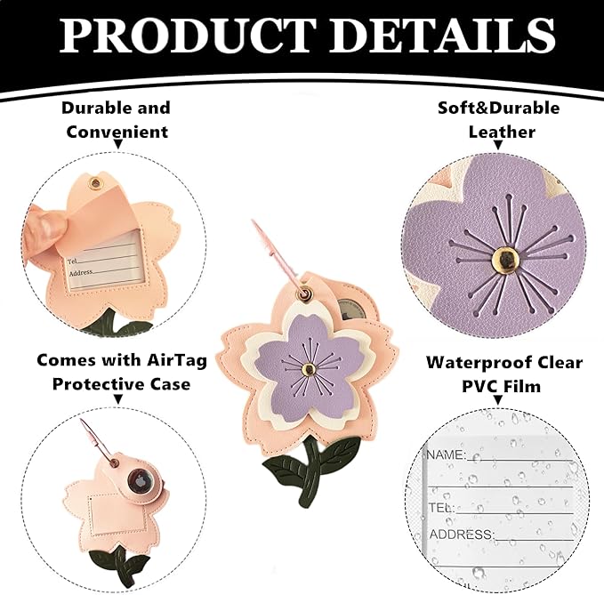 Cute Leather Luggage Tag Holder with Airtag Case Set,Hidden Compartment for AirTag Travel Suitcase Tracking Case with Stainless Steel Loop,Name ID Label(Purple Cherry Blossoms)