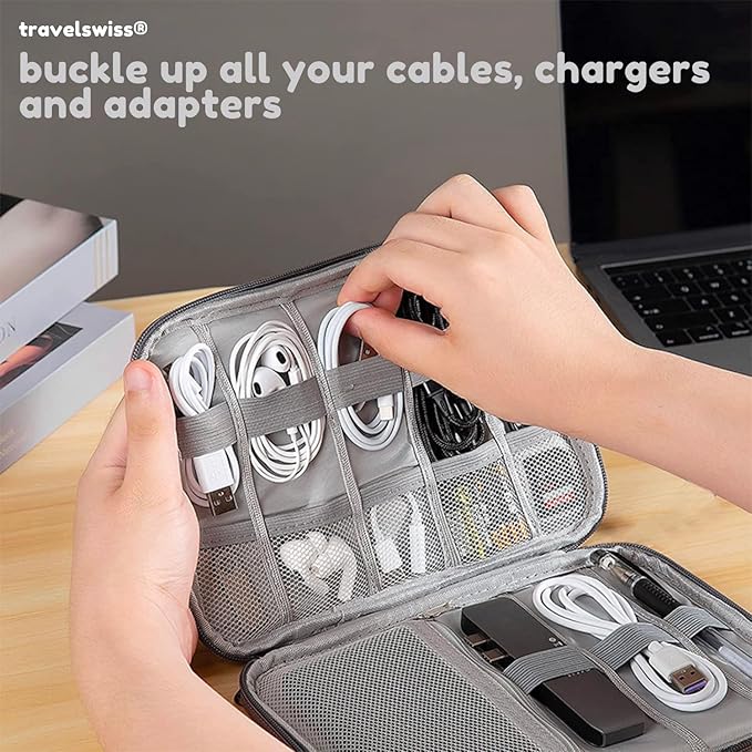 Travel Case Carry Pouch Electronic Accessories Organizer Portable Waterproof Double Layers All-in-One Storage Bag for Power Bank USB Cable Mouse Cords Charger Phone Earphone Flash Drive Grey