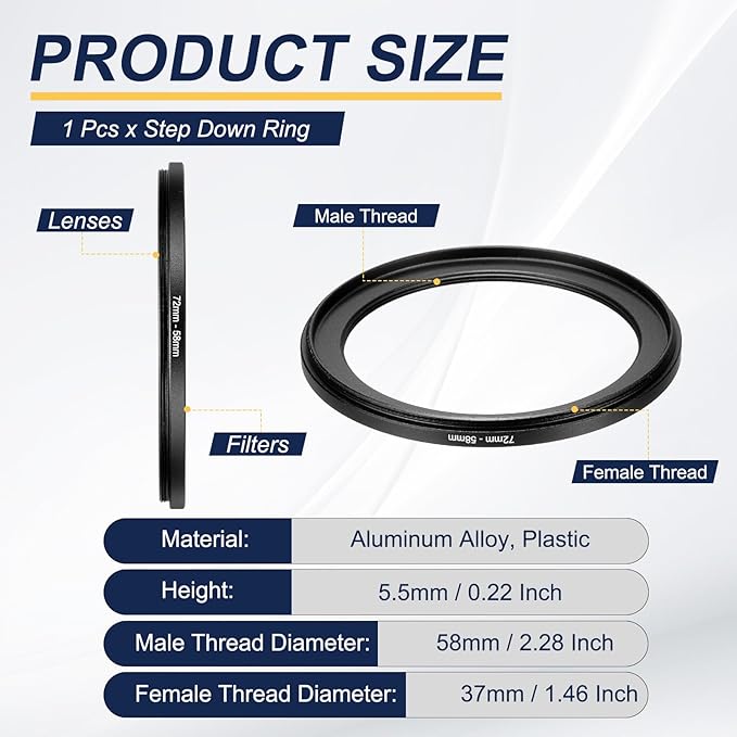 PATIKIL Step Down Ring Adapter 72mm to 58mm, Filter Step-Down Rings Camera Lens Filters Metal Ring Digital for ND IR DSLR Lenses, Black