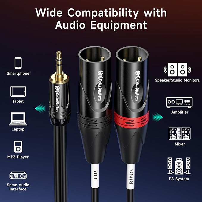 Cable Matters 3.5mm 1/8 Inch TRS to 2 XLR Cable 3 ft, Male to Male Aux to Dual XLR Breakout Cable