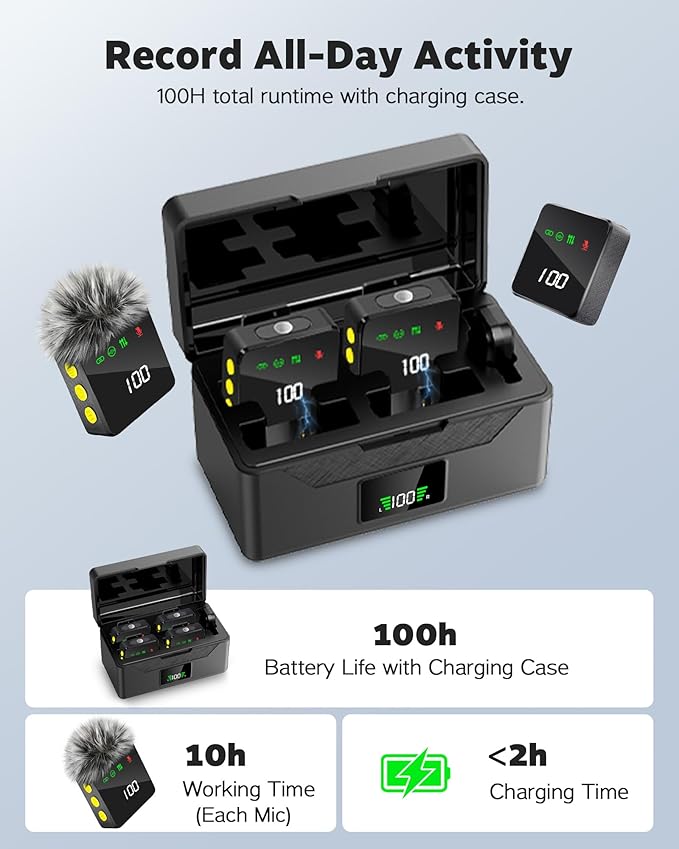 Wireless Lavalier Microphone for iPhone & Android, Upgraded Mini Microphone with Digital Display & AI Noise Reduction - 100H Charging Case, Mic for Video Recording, Vlogging, TikTok (4 Mics)