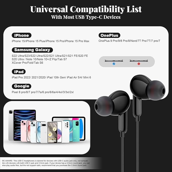 USB C Headphones, Type C Earphones for Samsung S25/ S24 Plus/ S24 Ultra Wired Earbuds with Microphone Volume Stereo in-Ear Control Earphone Compatible for Samsung S23 S22 S21 A54 iPhone 15/16 Pro Max