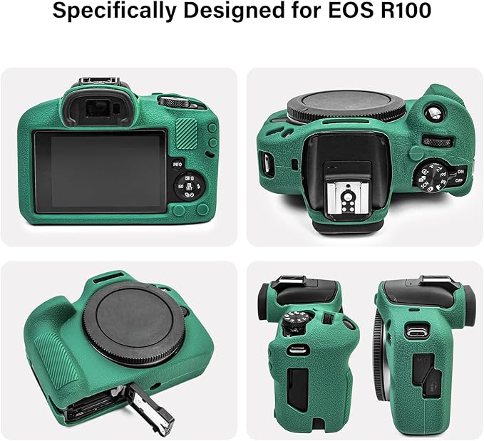 EOS R100 Camera Case Accessories Kit - Silicone Protective Case for Canon eos R100[Green] & LCD Screen Protector for Canon R100[2 Packs] & Camera Hot Shoe Cover for R100