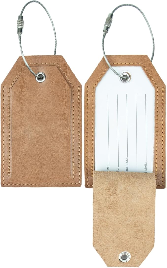 Genuine Leather Set of 2 Luggage Tag with Full Back Privacy Name ID Card Stainless Steel Loop Suitcase Labels Identifiers Baggage Tags Luggage for Women Men Travel (Apricot)