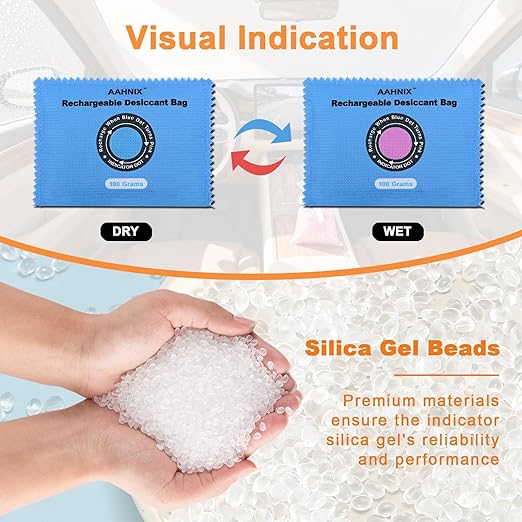Rechargeable Desiccant Packs for Storage, Indicating Silica Desiccant Packets, 100g × 5pcs Moisture Absorbers for Handbag Storage Bins Gun Safes Wardrobe and Electronics