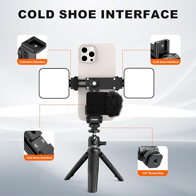COMAN Metal Phone Tripod Mount - Holder Stand with 3 Cold Shoes & Arca Port, Universal Smartphone Mount Adapter, 360° Rotates Adjustable Cell Phone Clip Clamp Holder Fits iPhone 15 Pro Max Galaxy S24