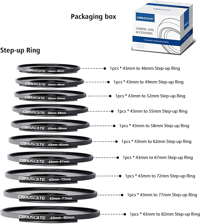 10Pcs Filter Ring Adapter Set, Lens Filter Metal Stepping Rings Compatible All Brands UV ND CPL (43-46mm,43-49mm,43-52mm,43-55mm,43-58mm,43-62mm,43-67mm,43-72mm,43-77mm,43-82mm)