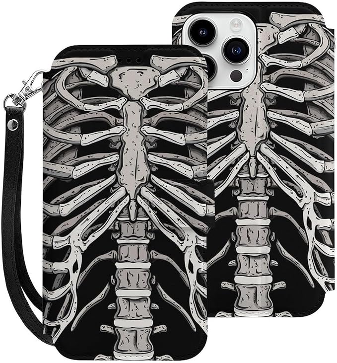 Skeleton Ribcage Bone Flip Leather Phone Case Compatible with iPhone 15/15 Plus/15 Pro/15 Pro Max