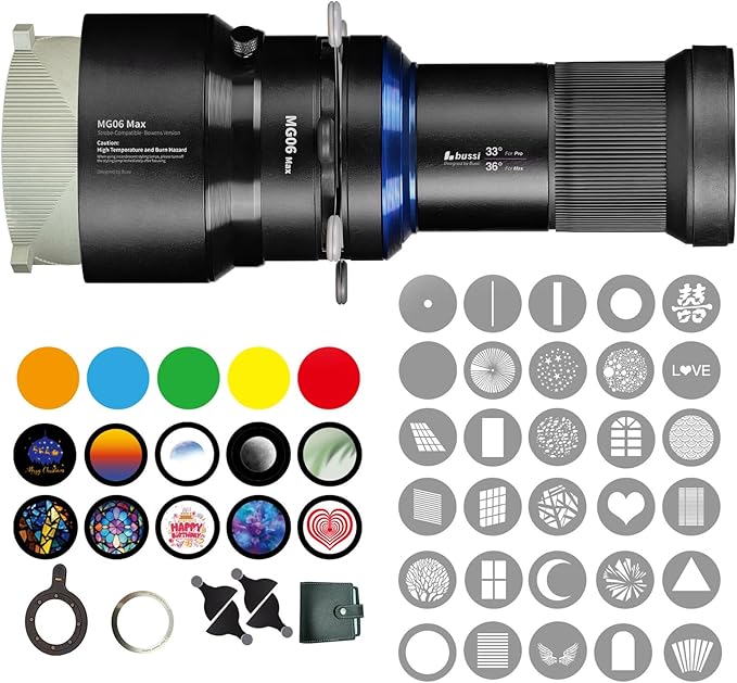 Bussi MG06 Max Bowens Mount Snoot with 40 Gobos, 36° Lens Optical Snoot Spotlight for Photography Video Shape Light Studio,GOBO Light, Strobe Bowens Mount