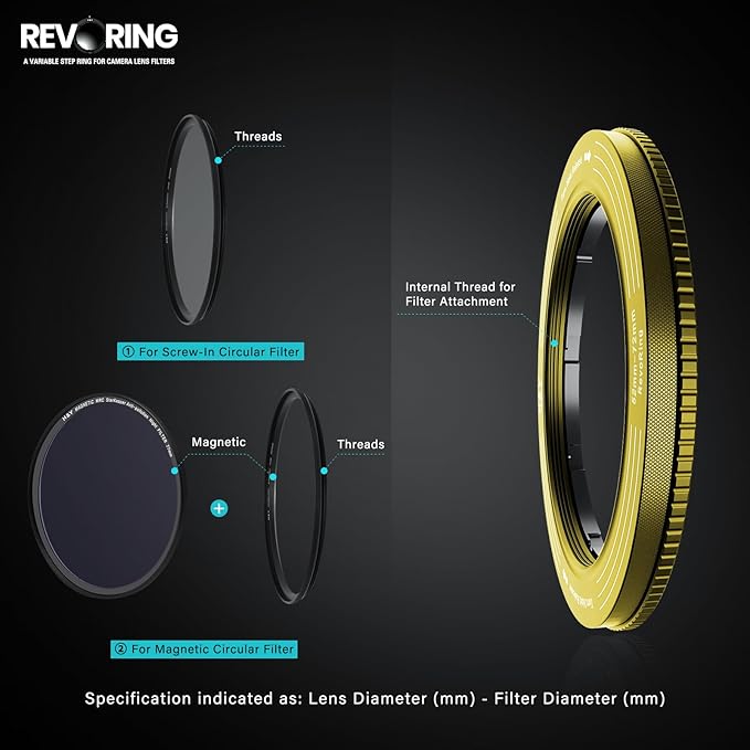 H&Y RevoRing Adjustable Step Up Ring 52-72mm to 77mm, Variable Lens Filter Adapter Ring, Universal Stepping System fits 52 55 58 62 67 72mm, Yellow