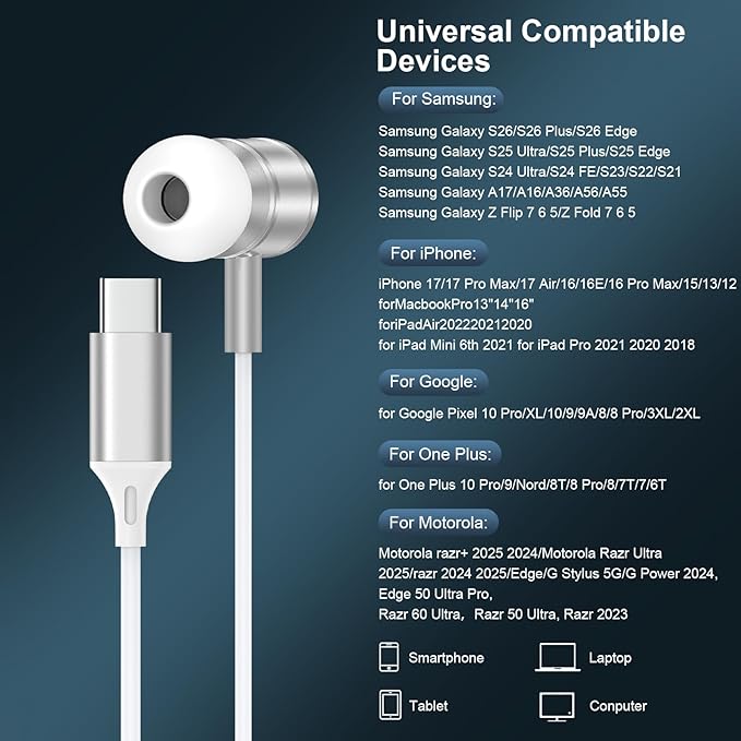 USB C Wired Earbuds for iPhone 17 16 Pro Max 16e 16 Plus 15 Pro Max 15 Plus with Microphone, Type C in-Ear Headphones for Samsung Galaxy S25 S24 Ultra, iPad,Pixel 10