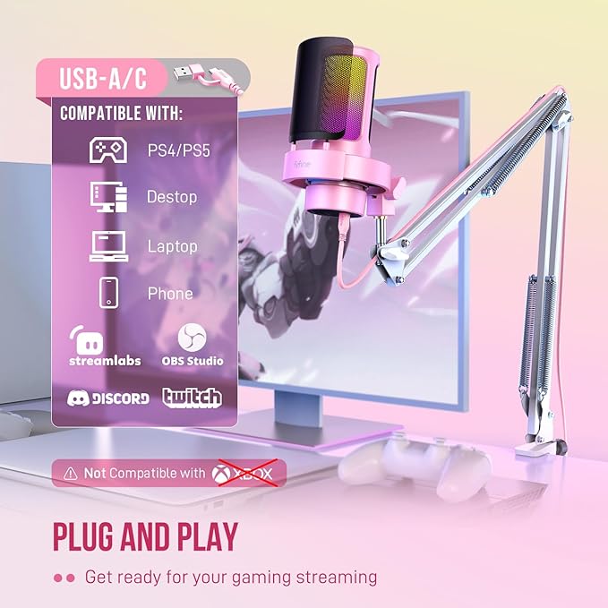 FIFINE USB Streaming Microphone with Boom Arm, Gaming Mic Kit for PC PS4/PS5, Podcast Microphone for Podcast with RGB Control, Mute Button, Gain Knob, Headphones Jack, Pop Filter-A8T Pink