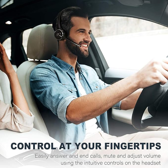 Trucker Bluetooth Headset with Microphone, Wireless Cell Phone Headset with Noise Canceling Mic Charging Base Mute Function for Home Office Call Center Skype (Black&Silver)