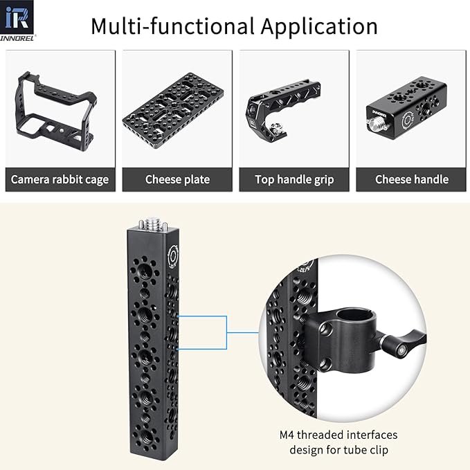 INNOREL CB5 CNC Aluminum Alloy Multi-Function Cheese Handle, Cheese Grip Extension Bar, ARRI Positioning Top Handle Featuring 3/8" and 1/4" Arri Locating Holes for Camera Cage Frames, Cheese Plates