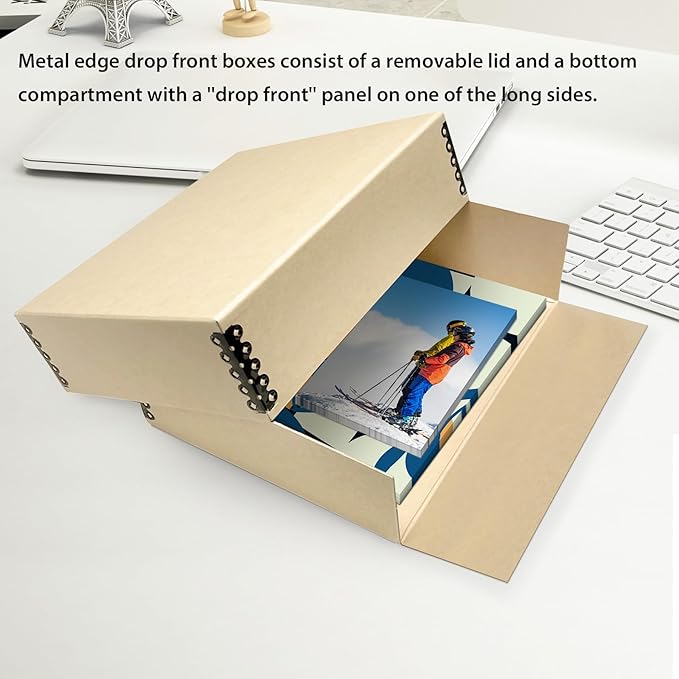 Lineco Museum Archival Storage Box, 9.25x11.75x3 in. Drop Front Design. Acid-Free with Metal Edge. Organize Photos, Pictures, Prints, Documents, Crafts, DIY. Tan, 1 Pack