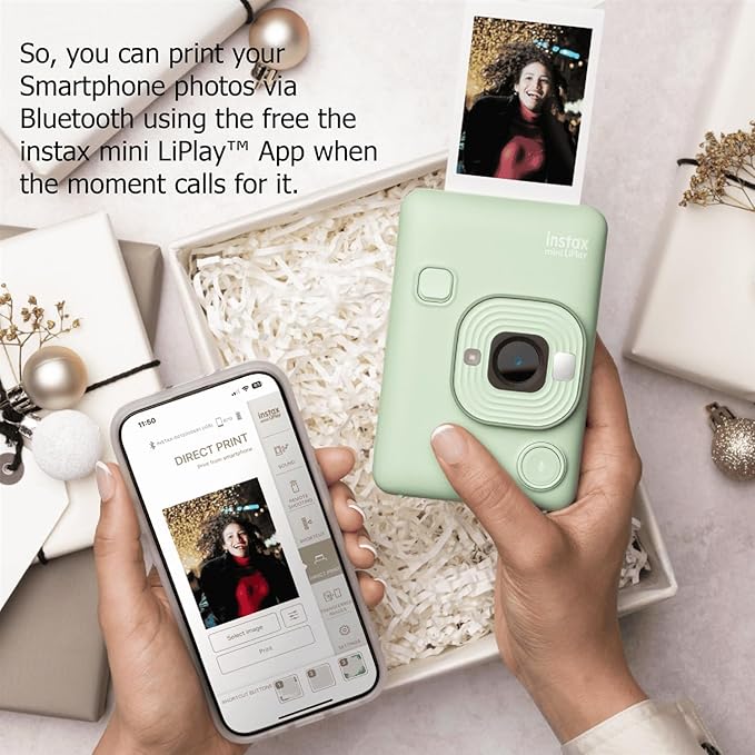Fujifilm Mini LiPlay Hybrid Instant Camera with Mini Film, 32GB microSD Card, Charging Cable, Hand Strap and Pixibytes Microfiber Cleaning Cloth... (Matcha Green + 40 Sheets)