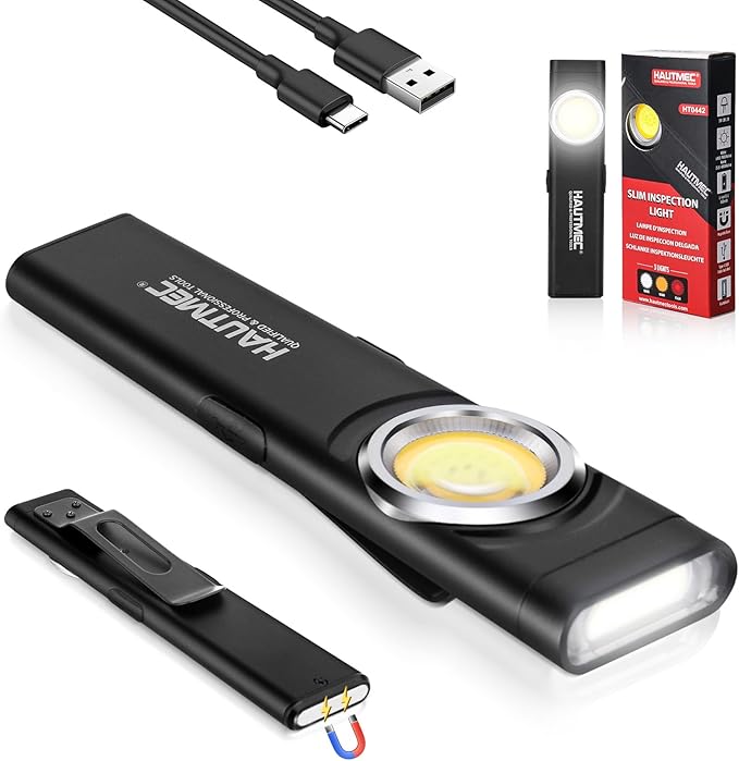 HAUTMEC Slim Flat Flashlight Rechargeable Work Light with USB-C Fast Charging, Pocket Flashlight with Clip, Dual Light, Magnetic Base, 500LM Aluminum LED Torch IP64 Waterproof & Drop-Resistant