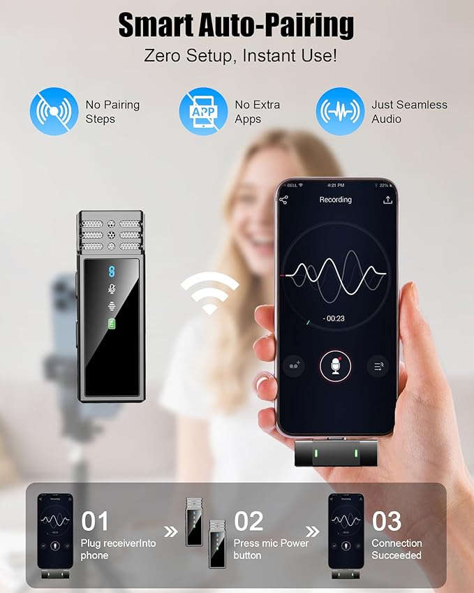 Wireless Lavalier Microphone for iPhone 14/13/12/11 Series, Lapel Mic with All-in-One 24H Charging Case, Noise Reduction, Lightning Plug & Play Clip Mic for Video, YouTube, TikTok, Podcast, Vlog Black