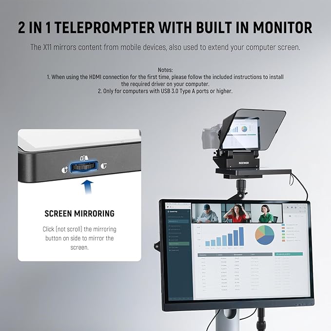NEEWER 2 in 1 Teleprompter 11 Inch with Monitor, Supports Screen Mirroring, Portable Prompter for Camera Mobile Phone Webcam Windows MacOS for YouTube Twitch Live Streaming Conference, X11